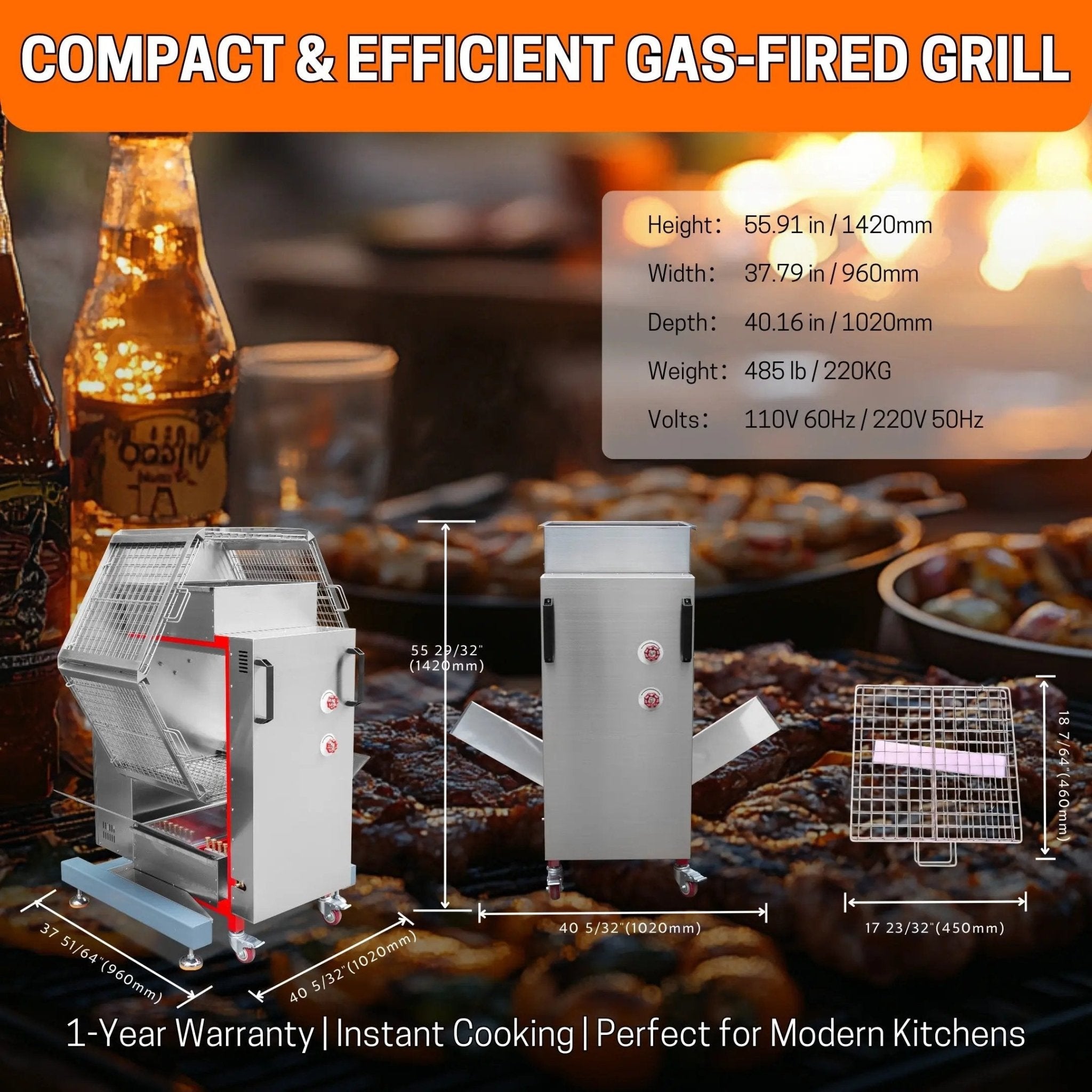 Automatic Gas and Charcoal Rotisserie Chicken Machine for Roasting 24 Butterfly Chickens TFS - 24GCharcoal Grill Chicken Oven