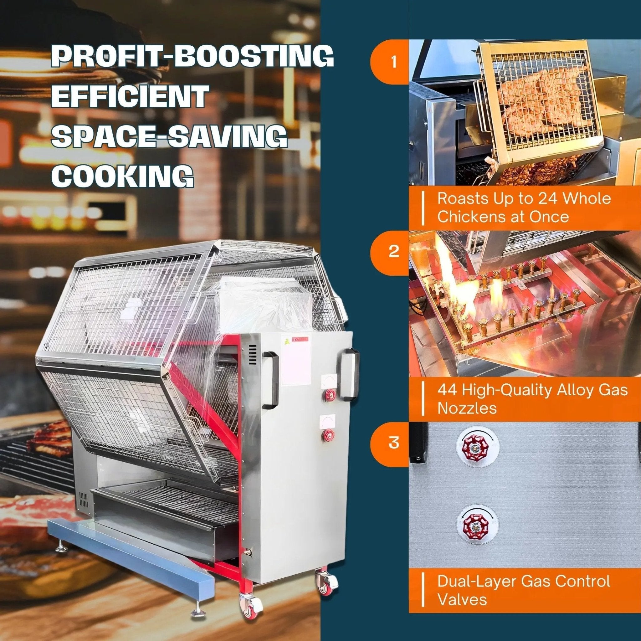 Automatic Gas and Charcoal Rotisserie Chicken Oven for Roasting 48 Butterfly Chickens TFS - 48GGas and Charcoal Rotisserie Chicken Oven