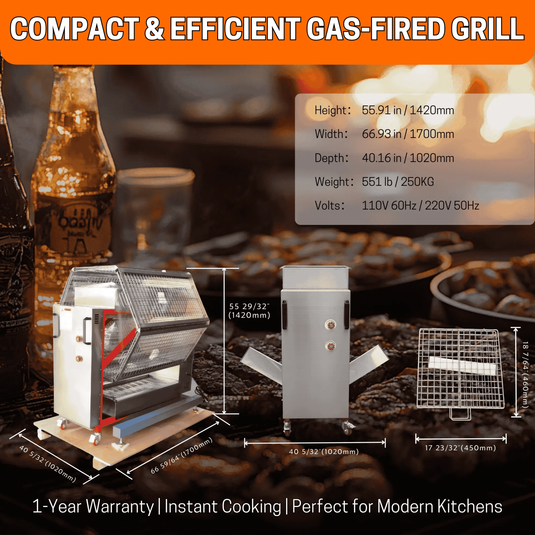 Automatic Gas and Charcoal Rotisserie Chicken Oven for Roasting 48 Butterfly Chickens TFS - 48GGas and Charcoal Rotisserie Chicken Oven