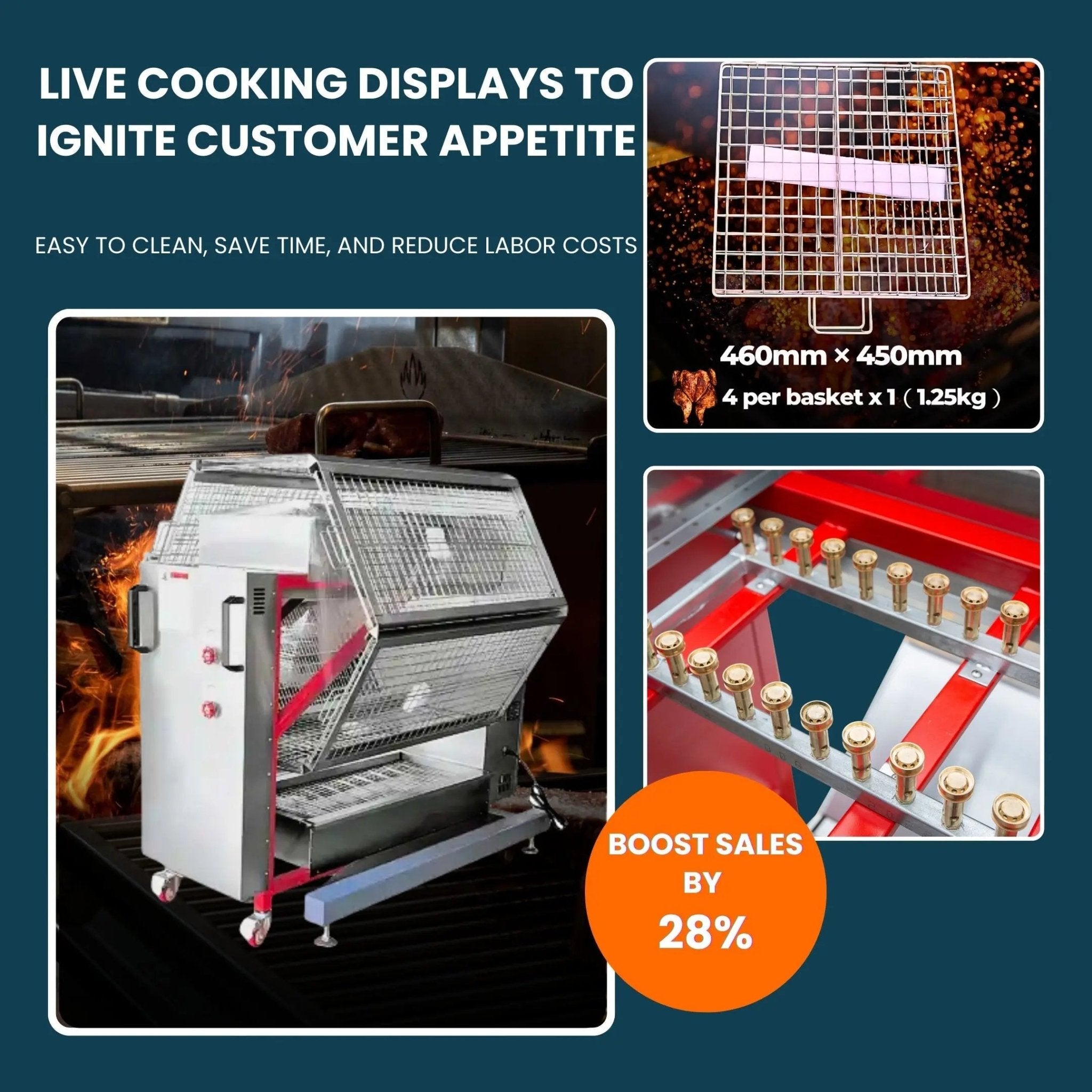 Automatic Gas and Charcoal Rotisserie Chicken Oven for Roasting 48 Butterfly Chickens TFS - 48GGas and Charcoal Rotisserie Chicken Oven
