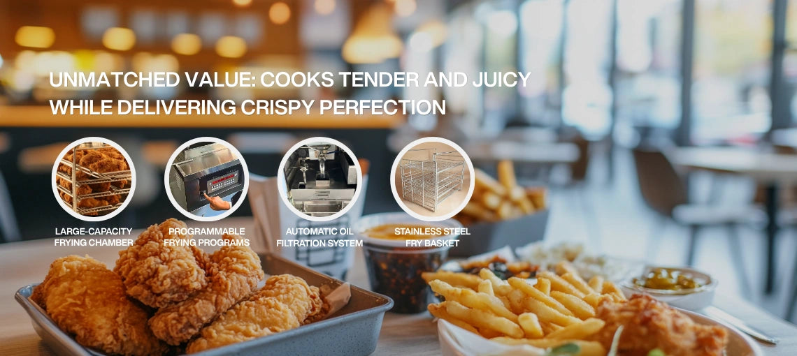 Cook tender and crispy chicken with the Tenshine TS-EP-5910, the best commercial pressure fryer for high-volume restaurants