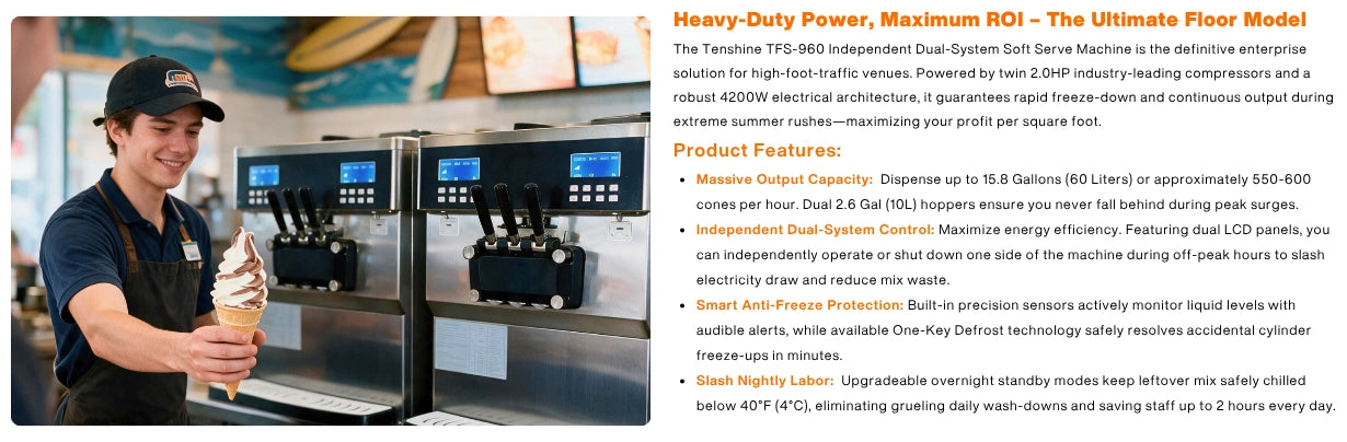 Rated as the best soft serve ice cream machine for high-volume venues, featuring independent dual-system control and smart anti-freeze protection.
