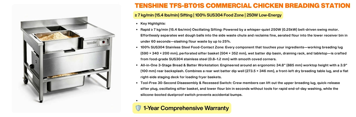 Tenshine TFS-BT01S Commercial Chicken Breading Station Key Highlights - 7kg/min Oscillating Flour Sifter and SUS304 Food Zone