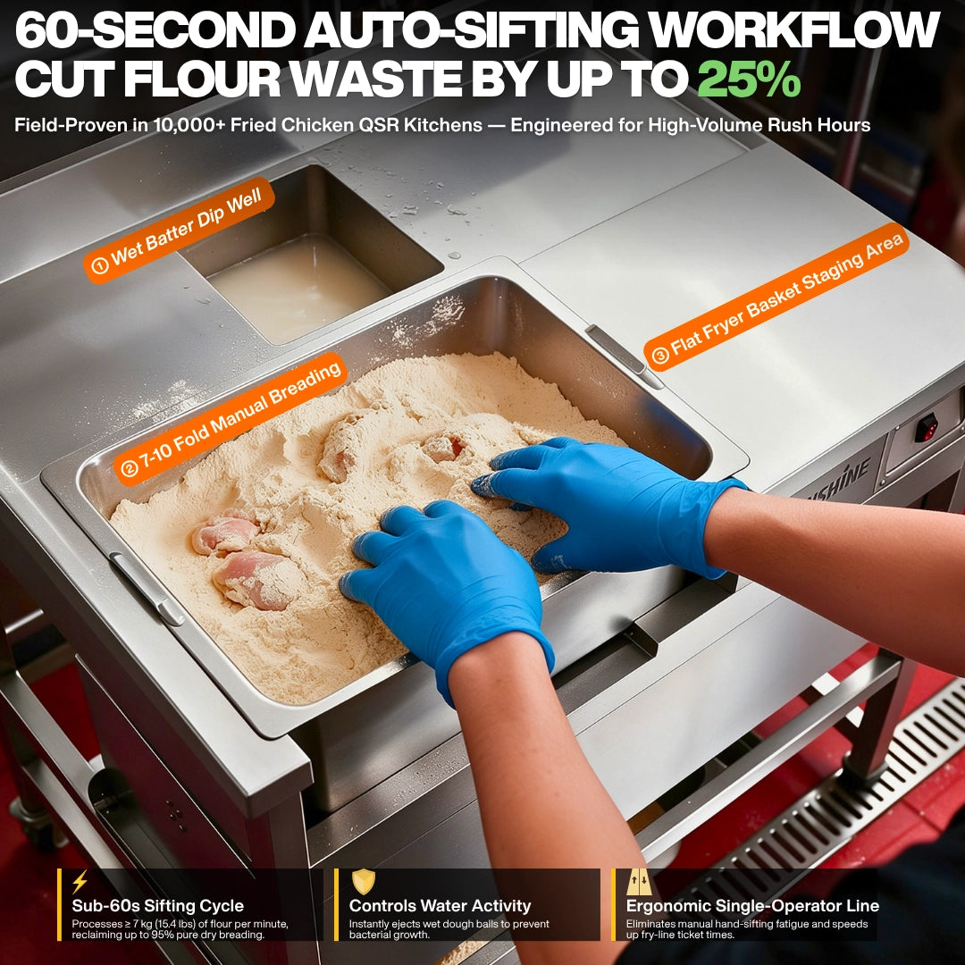 Commercial Bread and Batter Station for Chicken - Standard Breading Procedure Workflow to Reduce Breading Waste