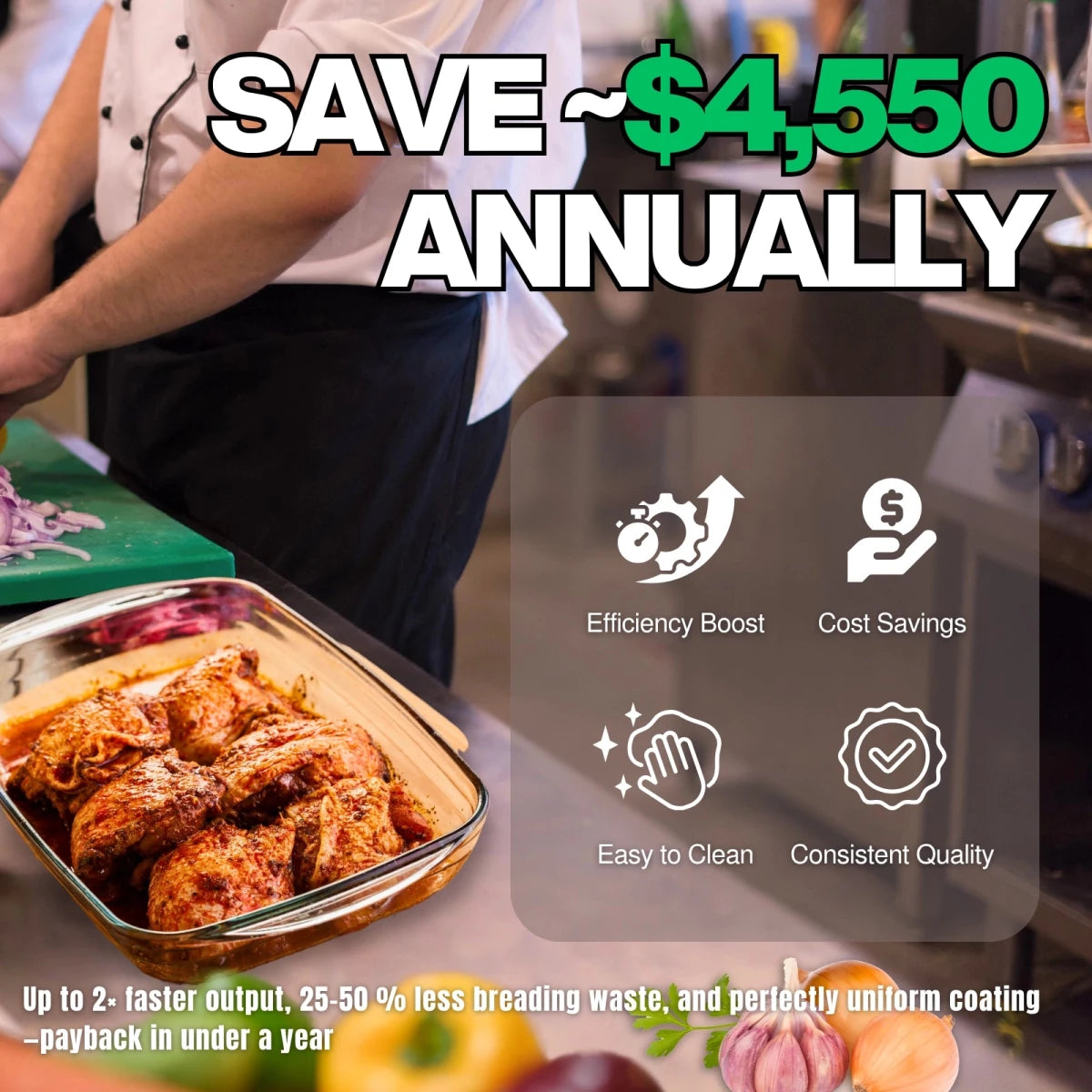 Chef preparing poultry on a breading station for chicken, demonstrating how the Tenshine BT-1E saves up to $4,550 annually.