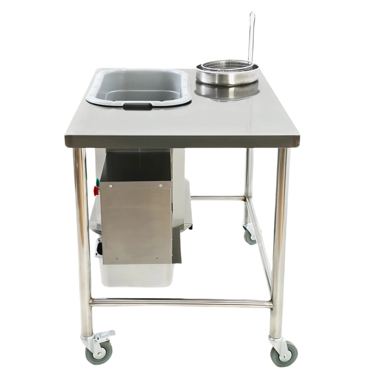 Clean side profile view of the heavy-duty breading station for restaurant use, showing the slim motor housing and heavy-duty casters.