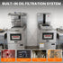 Step-by-step guide demonstrating the built-in oil filtration system, showing the oil valve, one-touch pump control, and automatic return cycle.