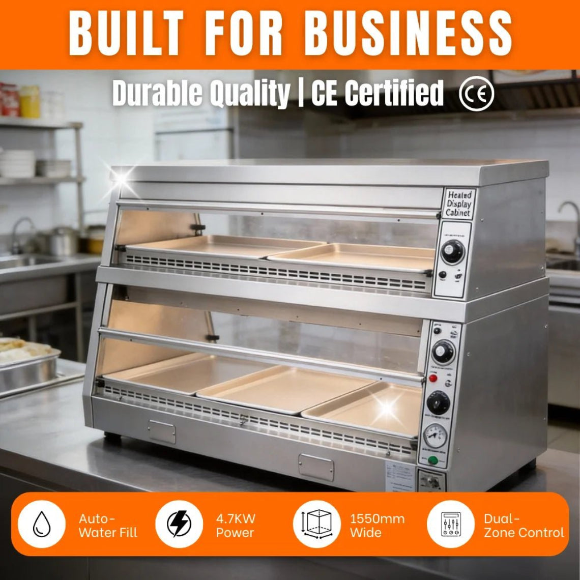 CE certified commercial food warmer built for business. Features 4.7KW power, auto-water fill, and 1550mm wide capacity.