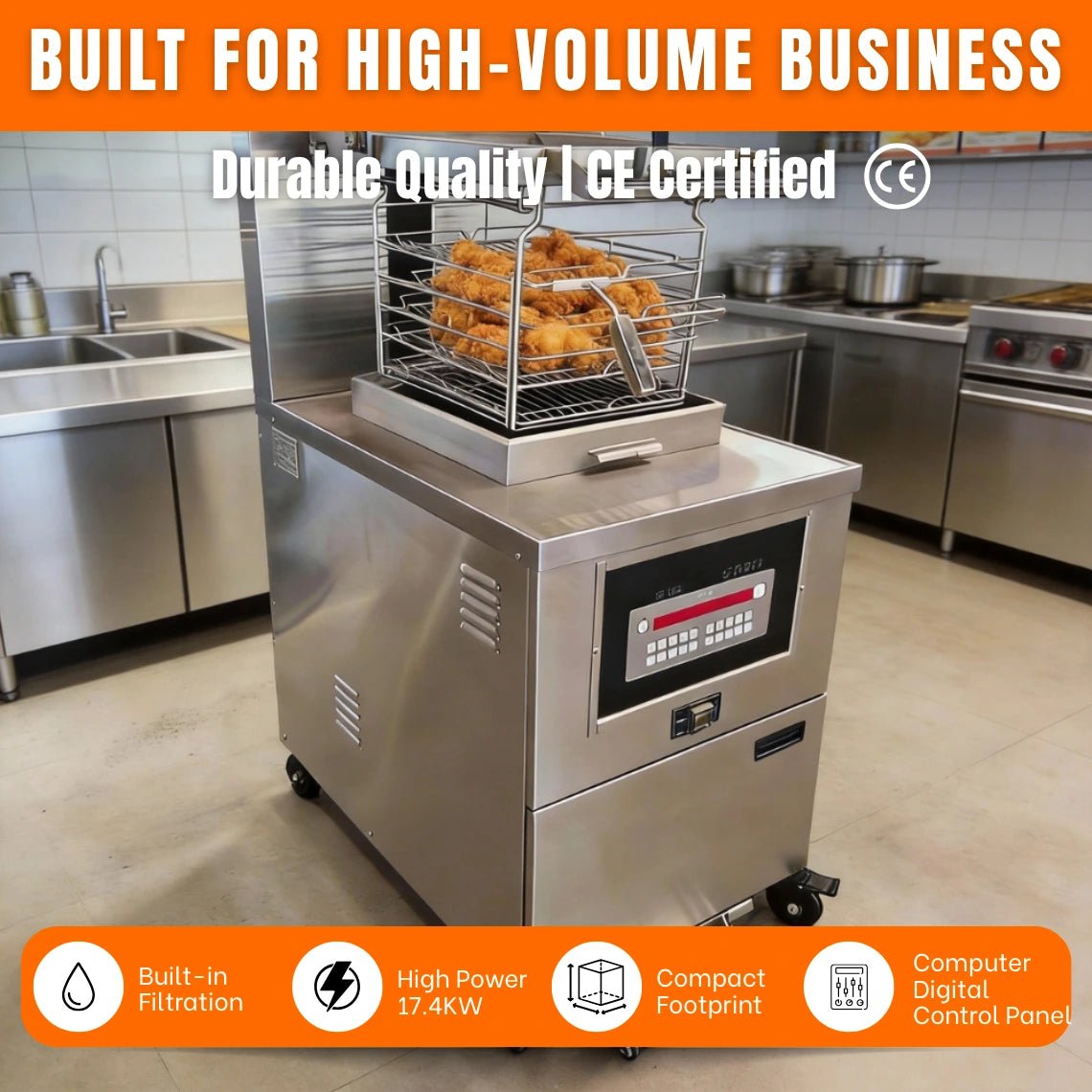 CE and UL certified heavy-duty commercial fryer manufacturer with global B2B trust and DDP shipping.