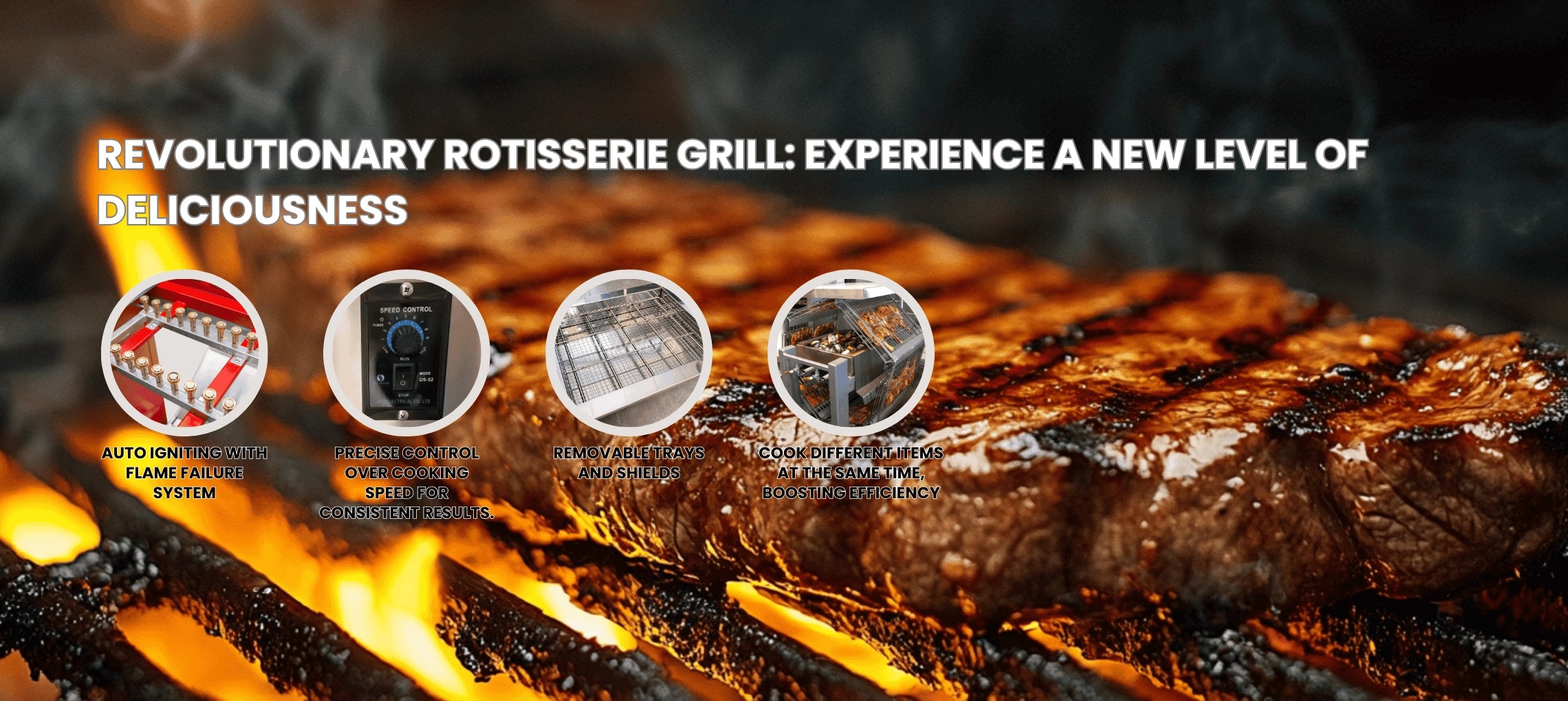 Four core features of the Tenshine charcoal rotisserie grill commercial unit, showcasing gas speed and authentic BBQ flavor.