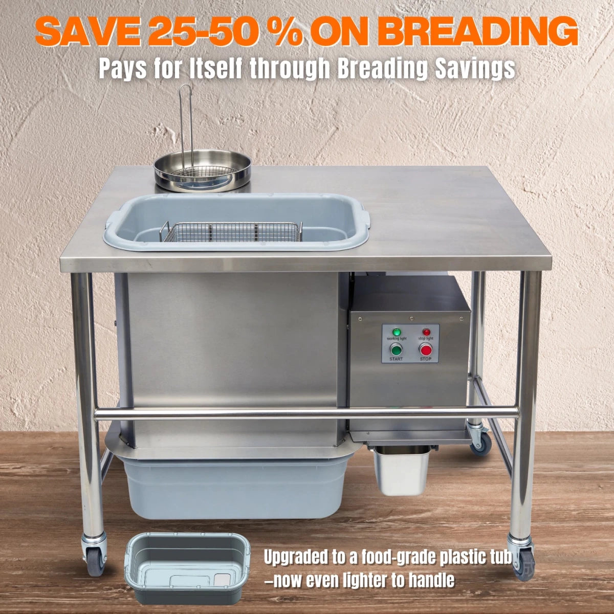 Save 25-50% on breading costs with the Tenshine BT-1E chicken breading station, now upgraded with a lighter food-grade plastic tub.