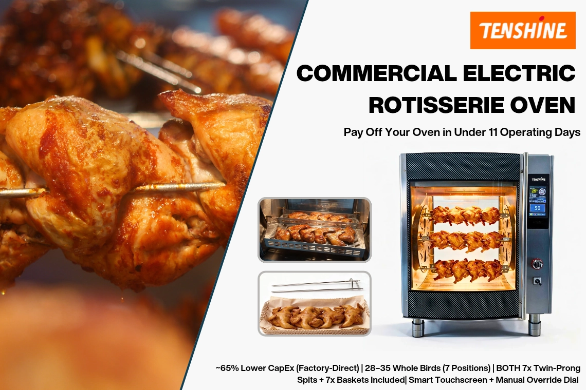 Chicken rotisserie machine commercial ROI breakdown: pay off oven in under 11 operating days with 65% lower factory-direct CapEx