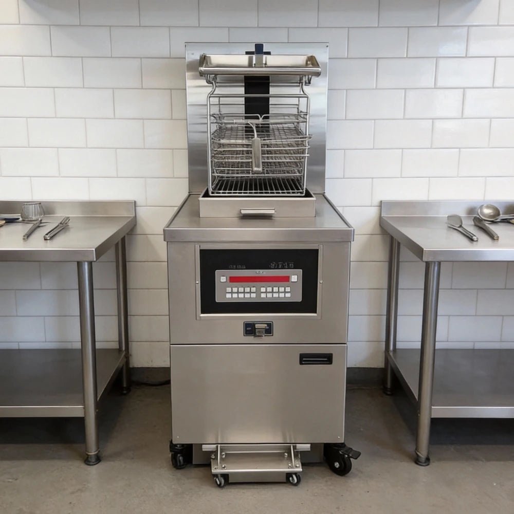 Professional installation of the Tenshine TS-GF5910 commercial auto-lift gas fryer integrated into a stainless steel restaurant kitchen line.