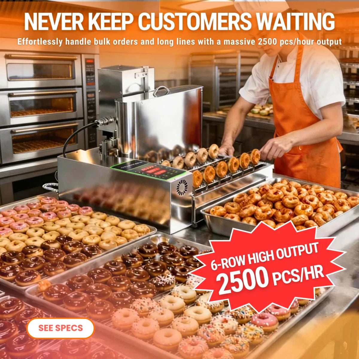 Chef using the LBD-6 commercial automatic donut making machine delivering 2500 pieces per hour for busy kitchens
