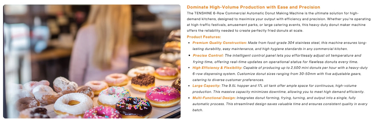 Streamline your high-volume production with the Tenshine commercial automatic donut making machine delivering 2500 pieces per hour