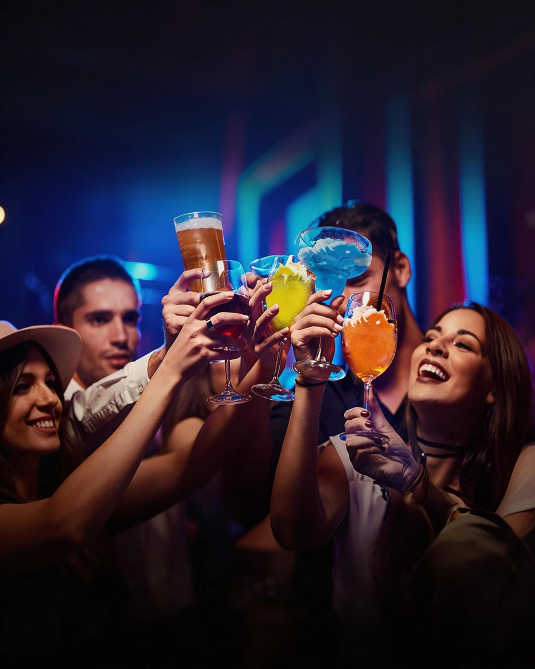 Vertical mobile view of happy customers toasting with colorful frozen drinks. Tenshine commercial beverage equipment drives high-volume summer sales and profits.