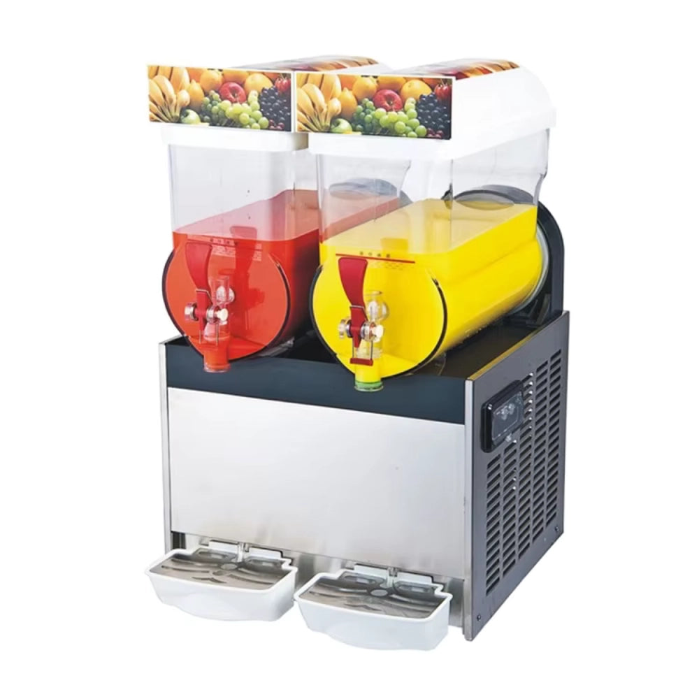 Cover image for Commercial Beverage Equipment collection, showing a Tenshine dual-bowl 30L commercial slush machine with dynamic red and yellow frozen slush on a white background