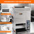 Commercial burger toaster features: double-track feeder, efficient cooling system, removable crumb tray.