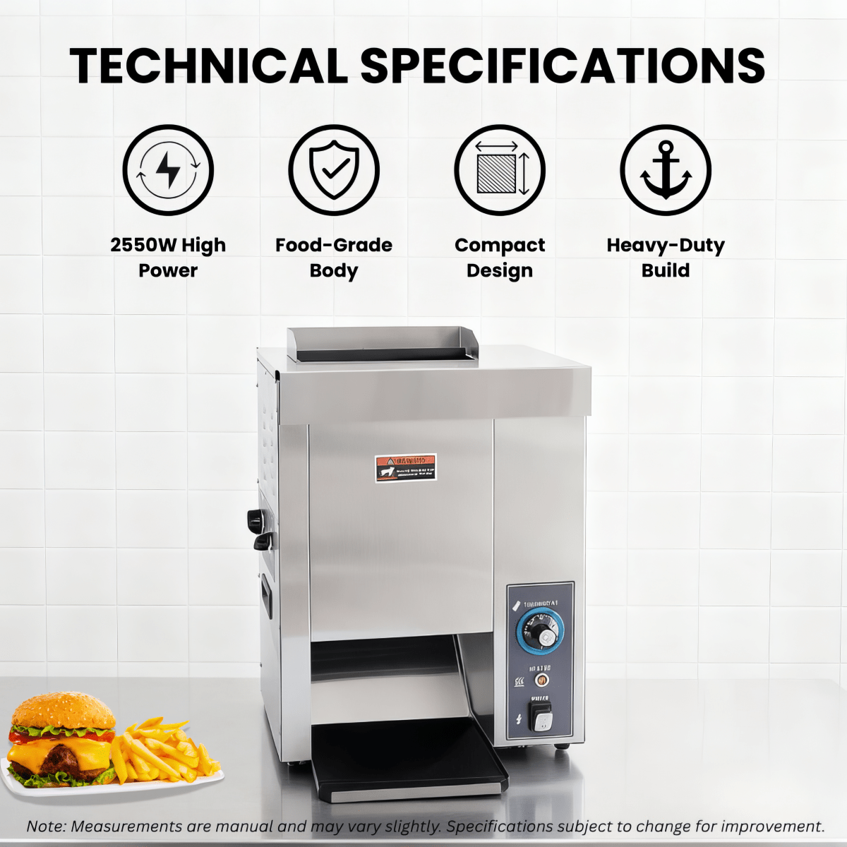 Technical specifications chart for BT-320 toaster showing dimensions 520x275x635mm and 2.55kw power