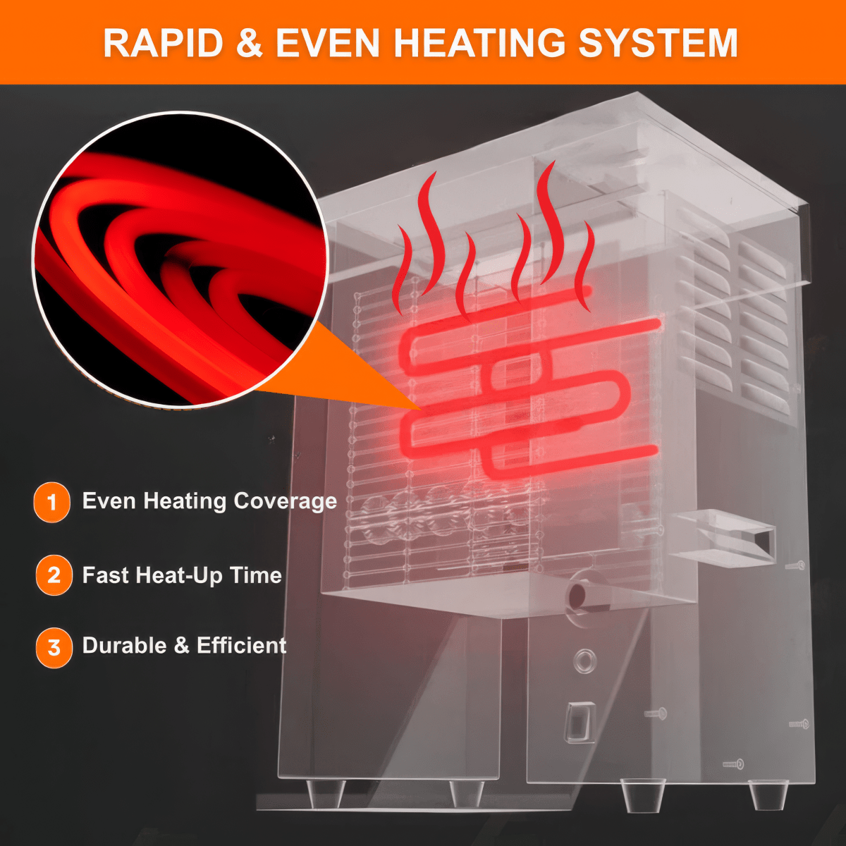 Rapid heating element inside vertical conveyor toaster for even toasting