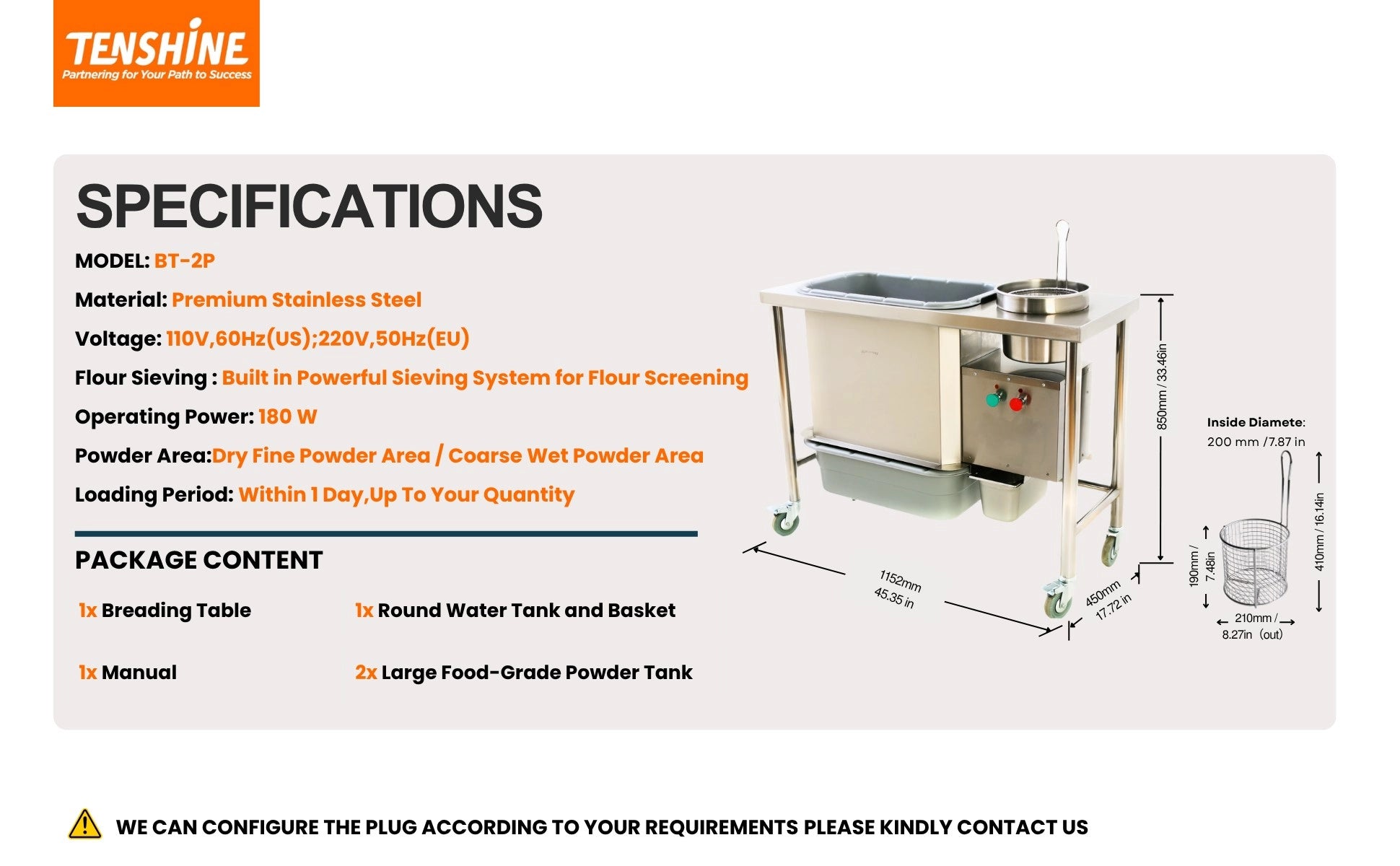 Complete specifications and package content for the BT-2P commercial breading station, displaying exact dimensions, 180W operating power, and premium stainless steel build.