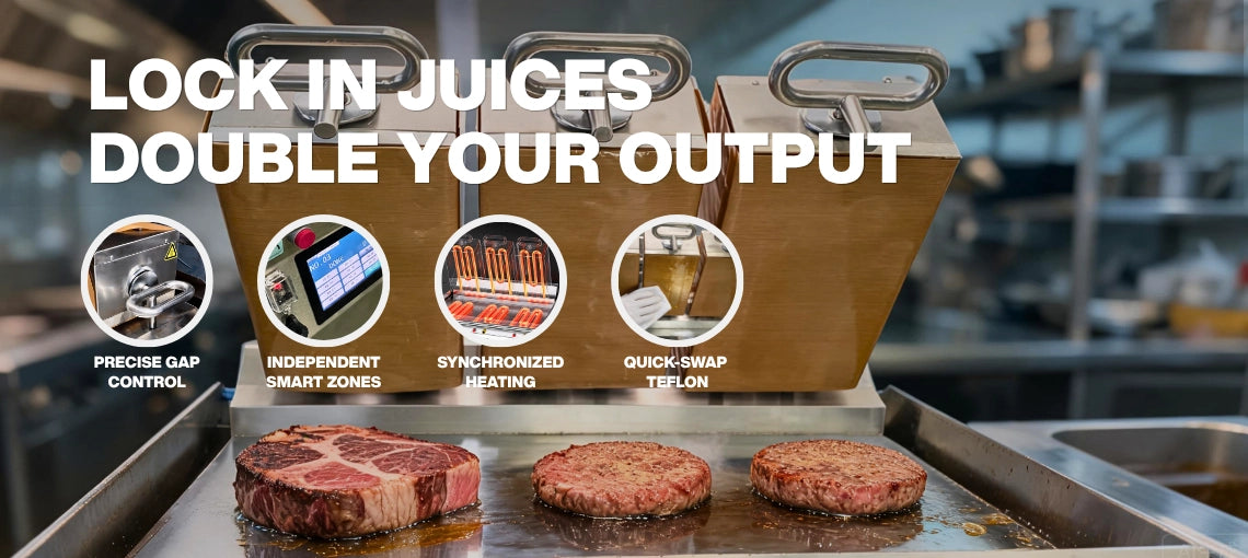 Lock in juices and double your output with the commercial burger grill, featuring precise gap control, independent smart zones, and quick-swap Teflon.