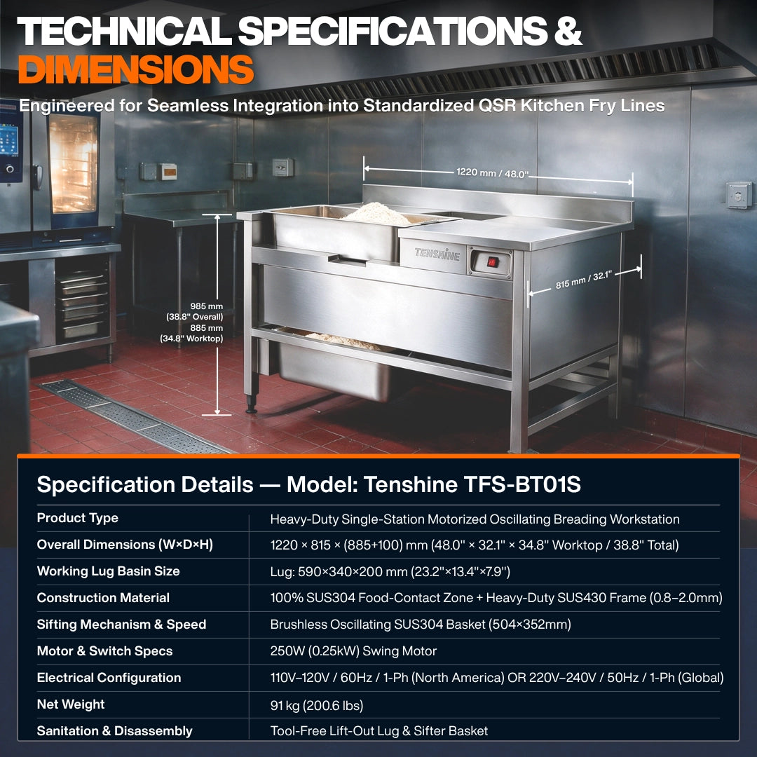 Tenshine TFS-BT01S Commercial Chicken Breading Machine Technical Specifications and 48-Inch Prep Table Dimensions