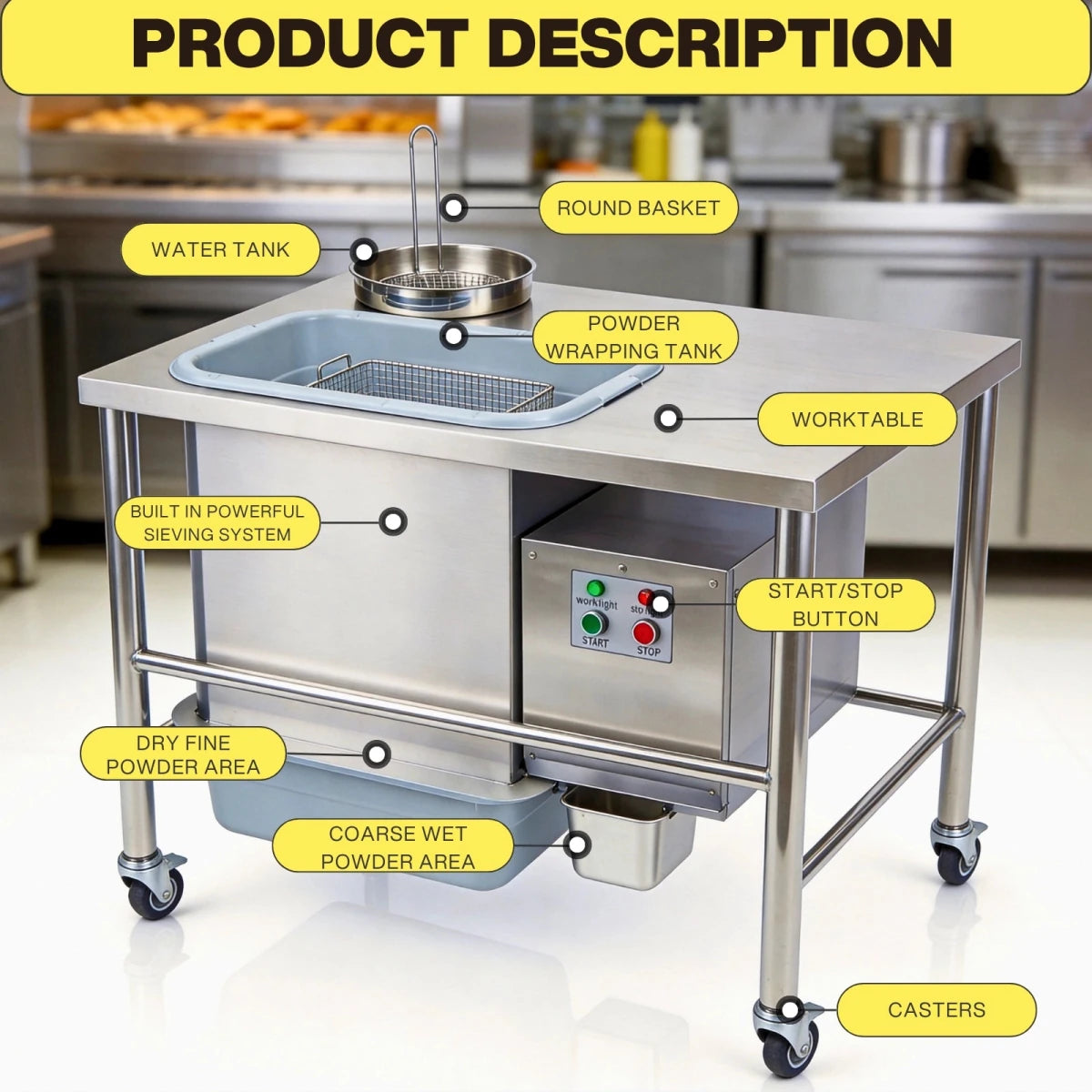 Detailed product description of the Tenshine commercial chicken breading station, highlighting the built-in sieving system, powder wrapping tank, and coarse powder area.