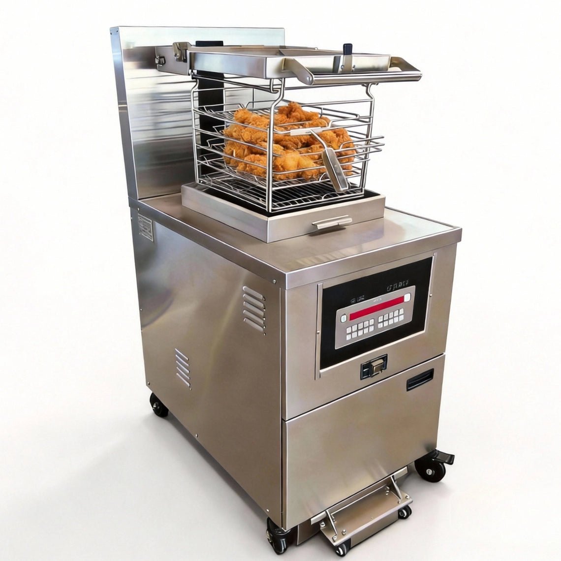 Commercial chicken fryer machine featuring an auto-lift basket system to prevent overcooking.