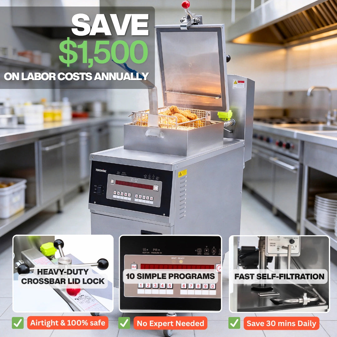 Key performance highlights of the Tenshine commercial chicken fryer, demonstrating automatic pressure regulation and multi-layer safety features.
