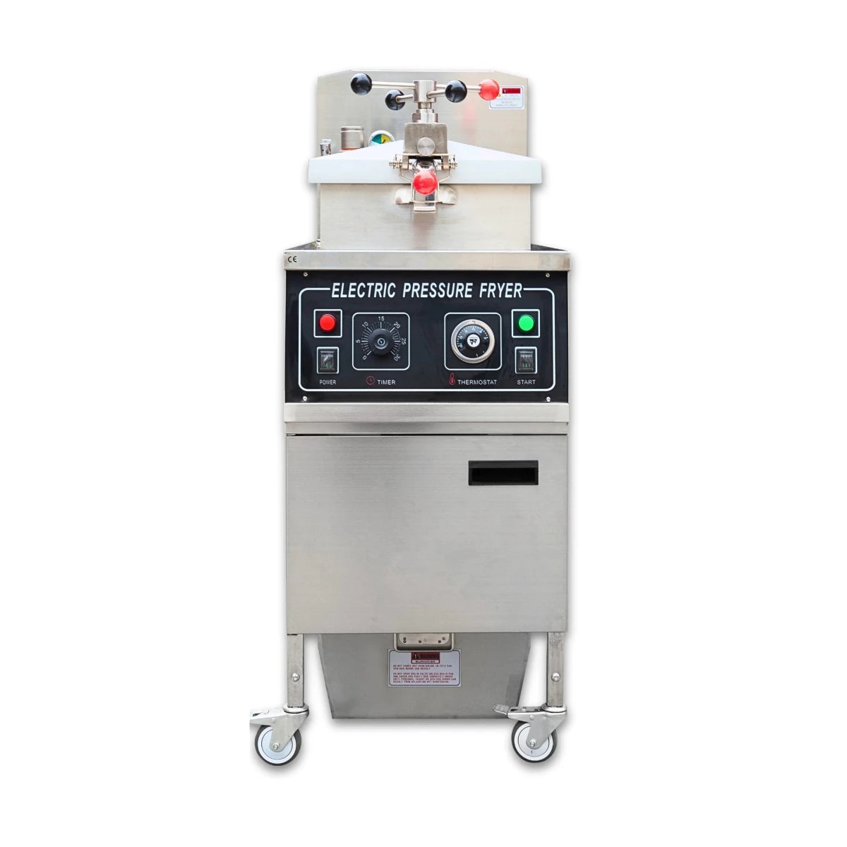 Full front profile of the TS-EP24 commercial chicken fryer, demonstrating its space-saving rectangular vat design.
