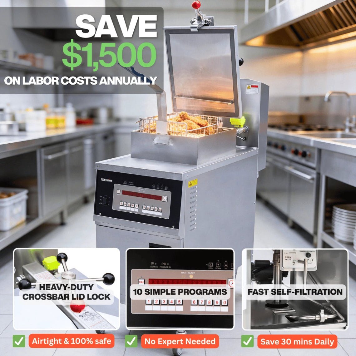 Core performance features of the TS-GP800 commercial chicken pressure fryer, including high-BTU gas heating, built-in filtration, and advanced safety valves.