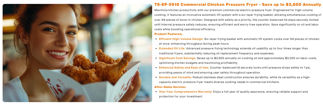 Save up to 3800 annually on oil and labor with the Tenshine TS-EP-5910 commercial chicken pressure fryer