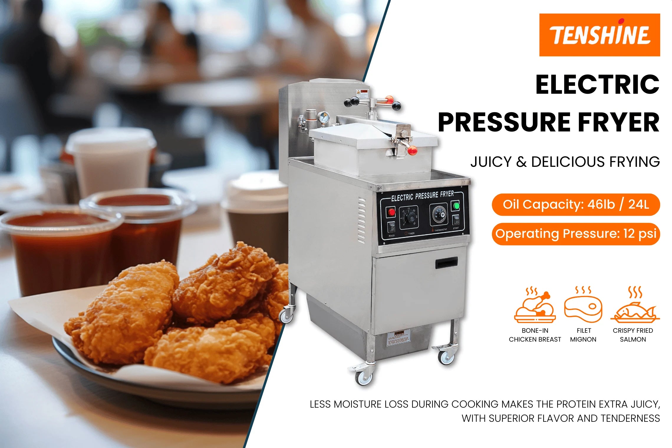 High-resolution details of the TS-EP24 commercial chicken pressure fryer, engineered for high-volume restaurant kitchens and fast food startups.