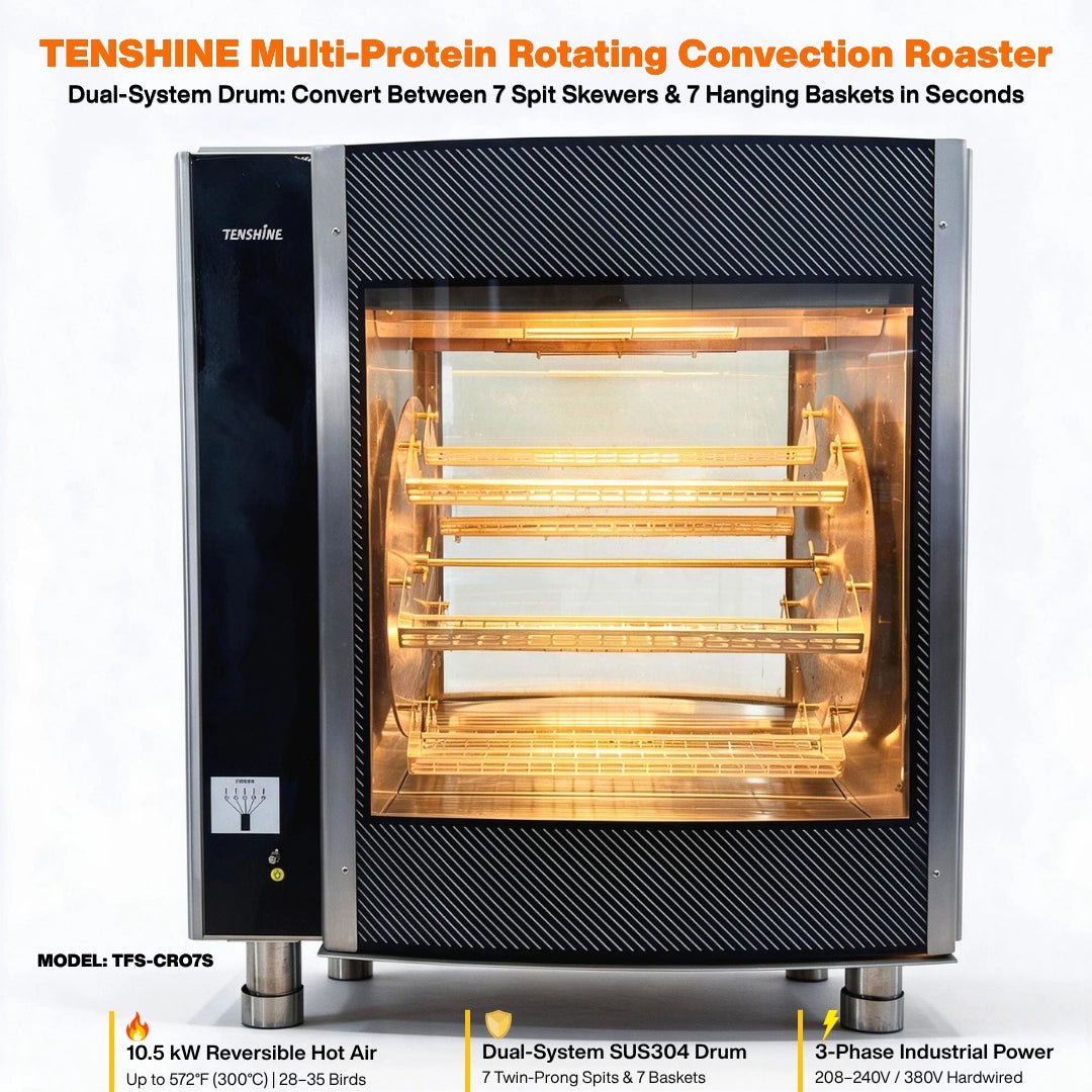 Commercial chicken rotisserie machine with 7 hanging baskets, 10.5kW reversible hot air and 3-phase hardwired power