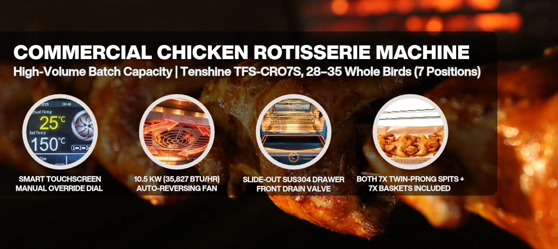 Commercial chicken rotisserie machine with 28-35 bird capacity, smart touchscreen, 10.5kW reversing fan and slide-out grease drawer