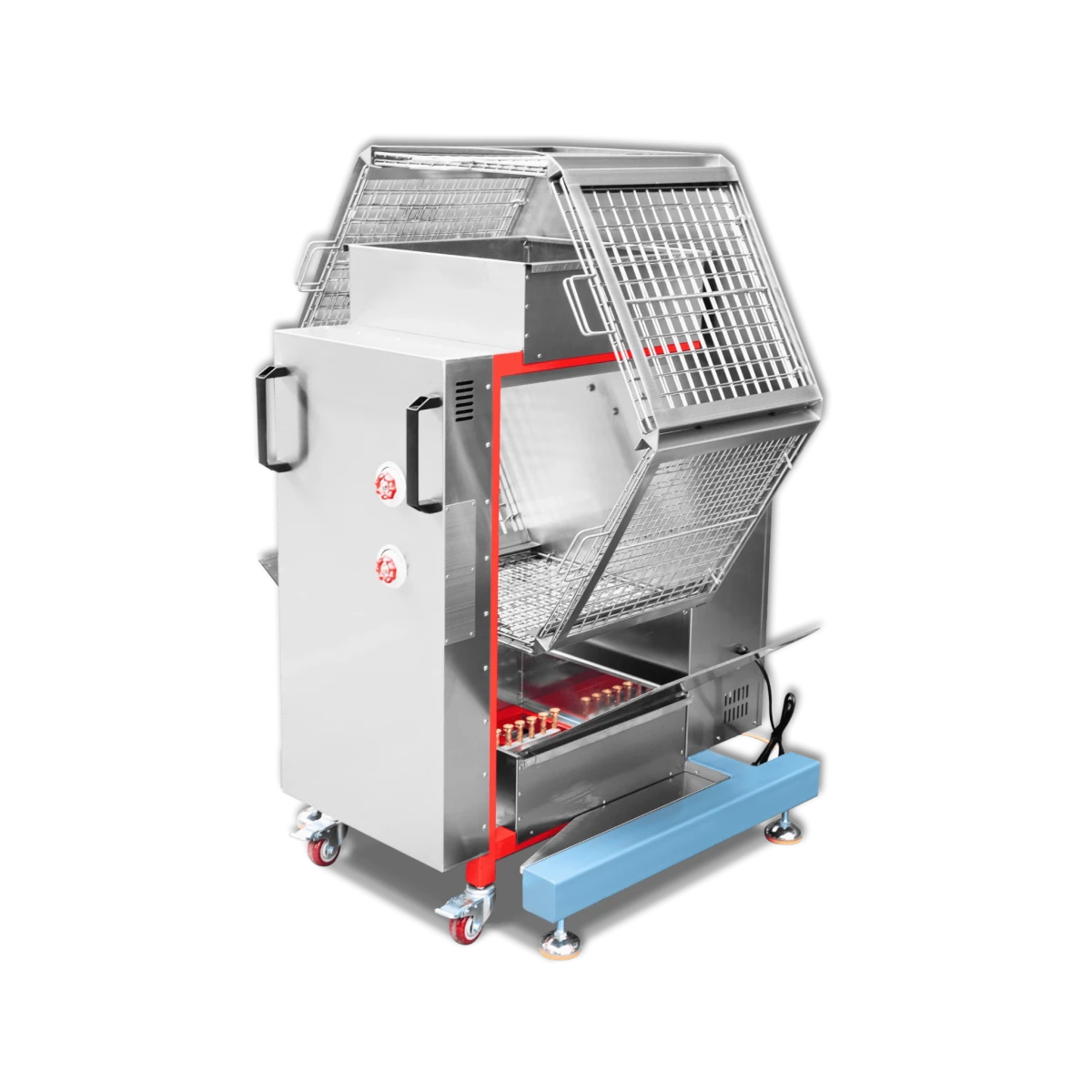 Tenshine commercial chicken rotisserie machine with doors open, showcasing 6 stainless steel cages loaded with roasting chickens.