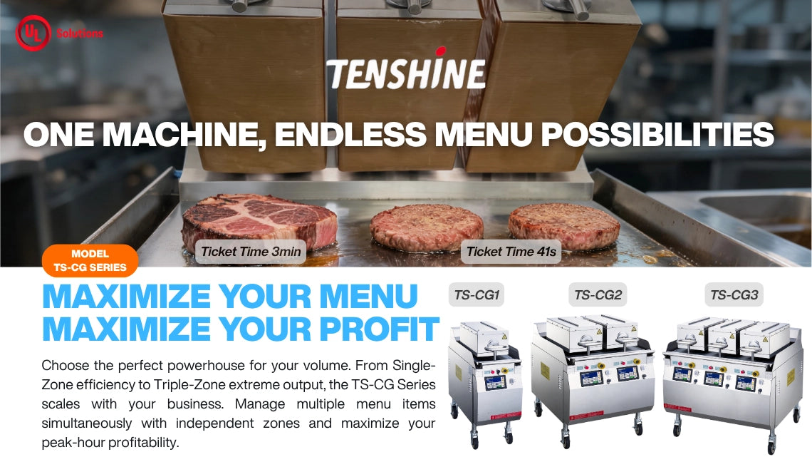 TS-CG series commercial clamshell griddle lineup, showcasing single-zone, double-zone, and triple-zone models for maximum restaurant profitability and fast ticket times.