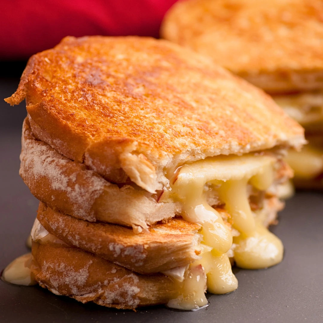 A perfectly grilled gourmet panini sandwich with melted cheese and crispy crust, created using the synchronous double-sided cooking technology of the commercial clamshell grill