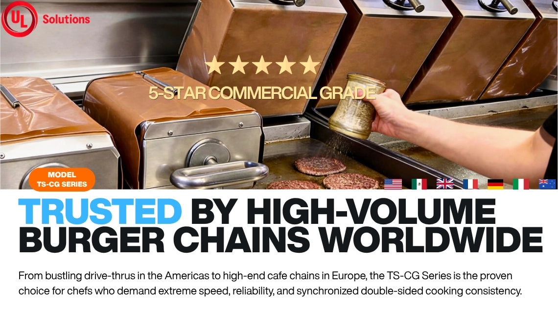 Commercial clamshell grill TS-CG series trusted by high-volume burger chains worldwide, featuring UL certification and synchronized double-sided cooking.