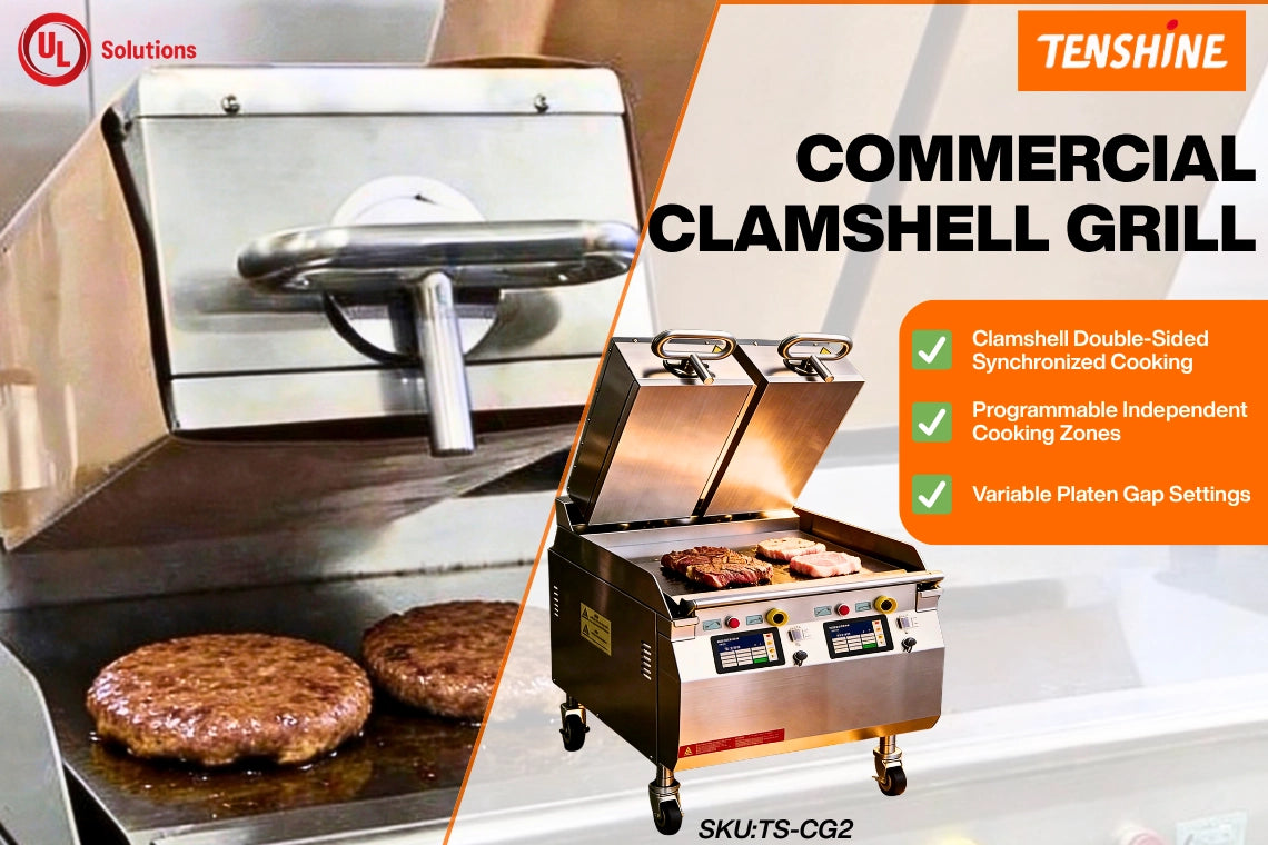 TS-CG commercial clamshell grill showcasing double-sided synchronized cooking, independent smart zones, and variable platen gap settings.