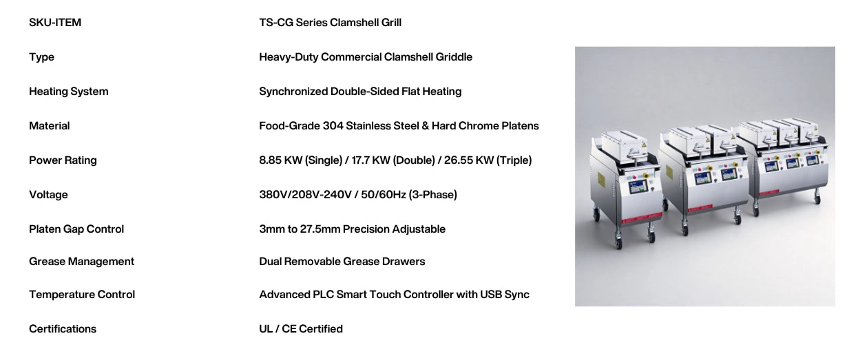 Technical specifications for the TS-CG series commercial clamshell grill, detailing power rating, hard chrome platens, and precision gap control.