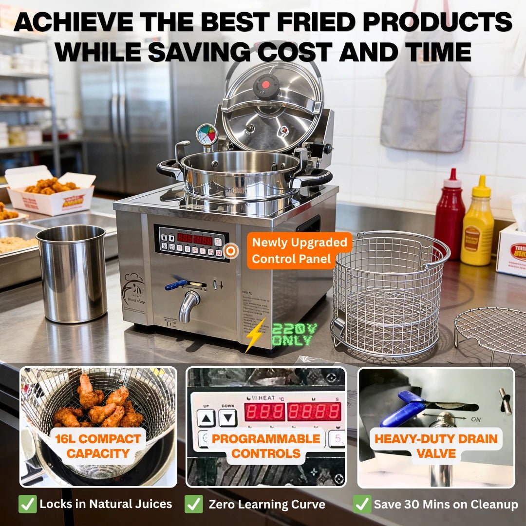 Key product highlights of the commercial countertop deep fryer 220v, showing the 3500W heavy-duty heating element and smart controls.