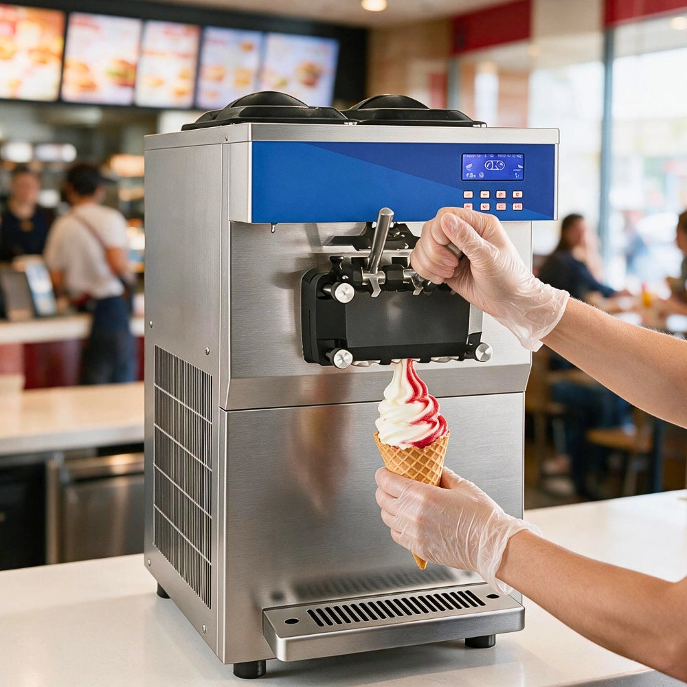 Operator dispensing a twin twist cone from a heavy-duty commercial countertop soft serve ice cream machine.