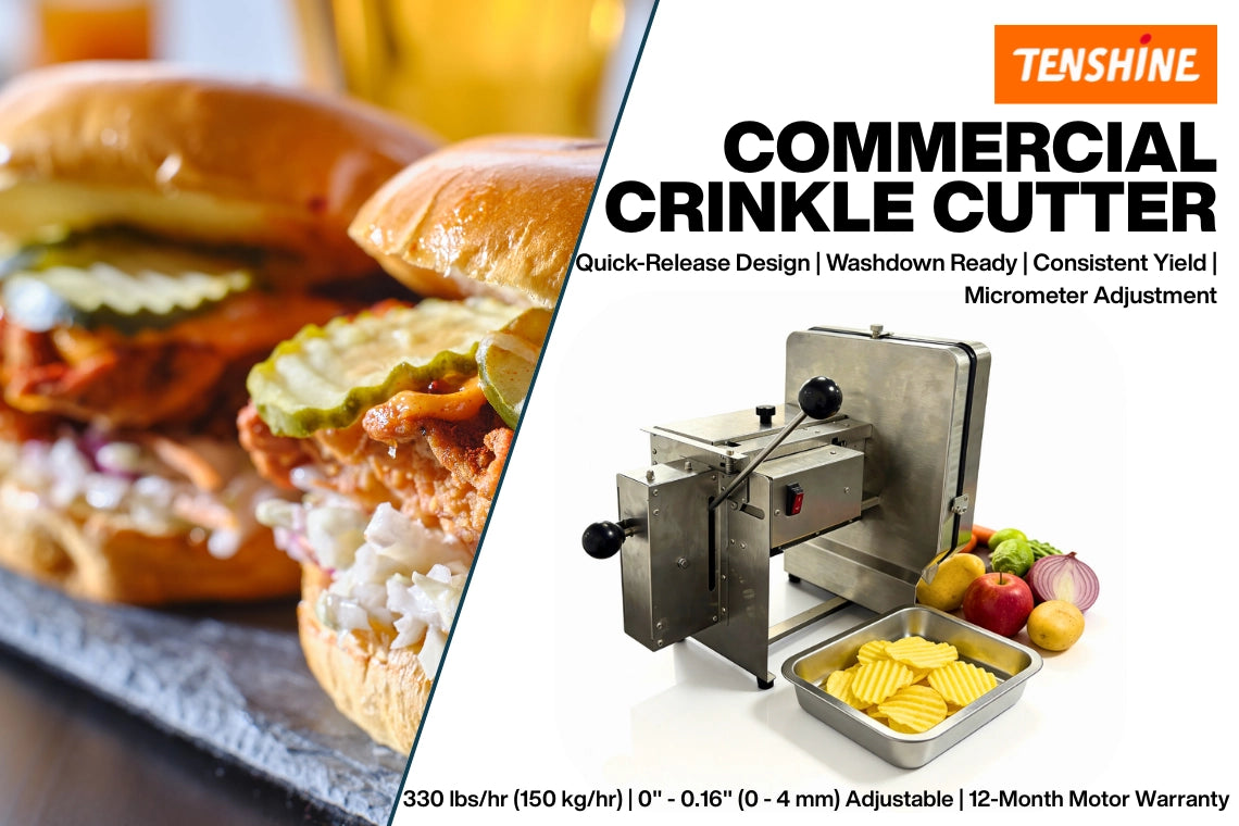 Tenshine commercial crinkle cutter overview highlighting the quick-release blade design and consistent yield for food service.