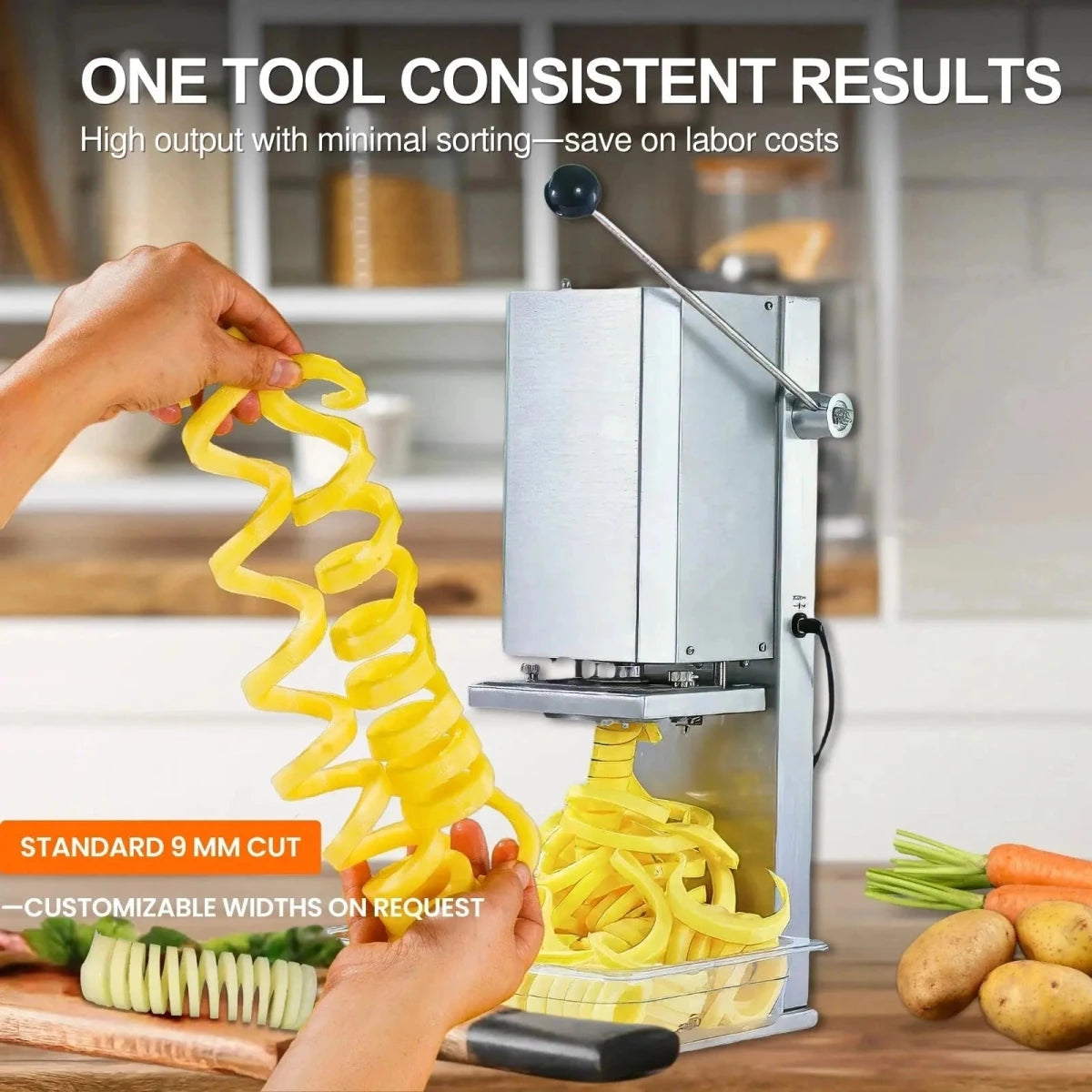 Hand holding a perfectly cut continuous potato spiral made effortlessly by the commercial curly fry cutter.