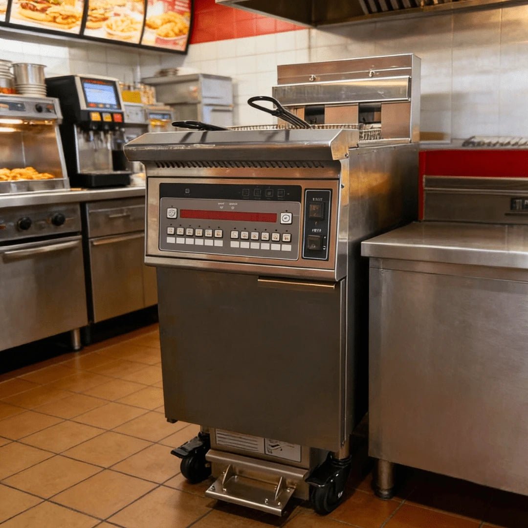 Detailed views of the heavy-duty drain valve, control panel, and heating elements of the commercial electric fryer.