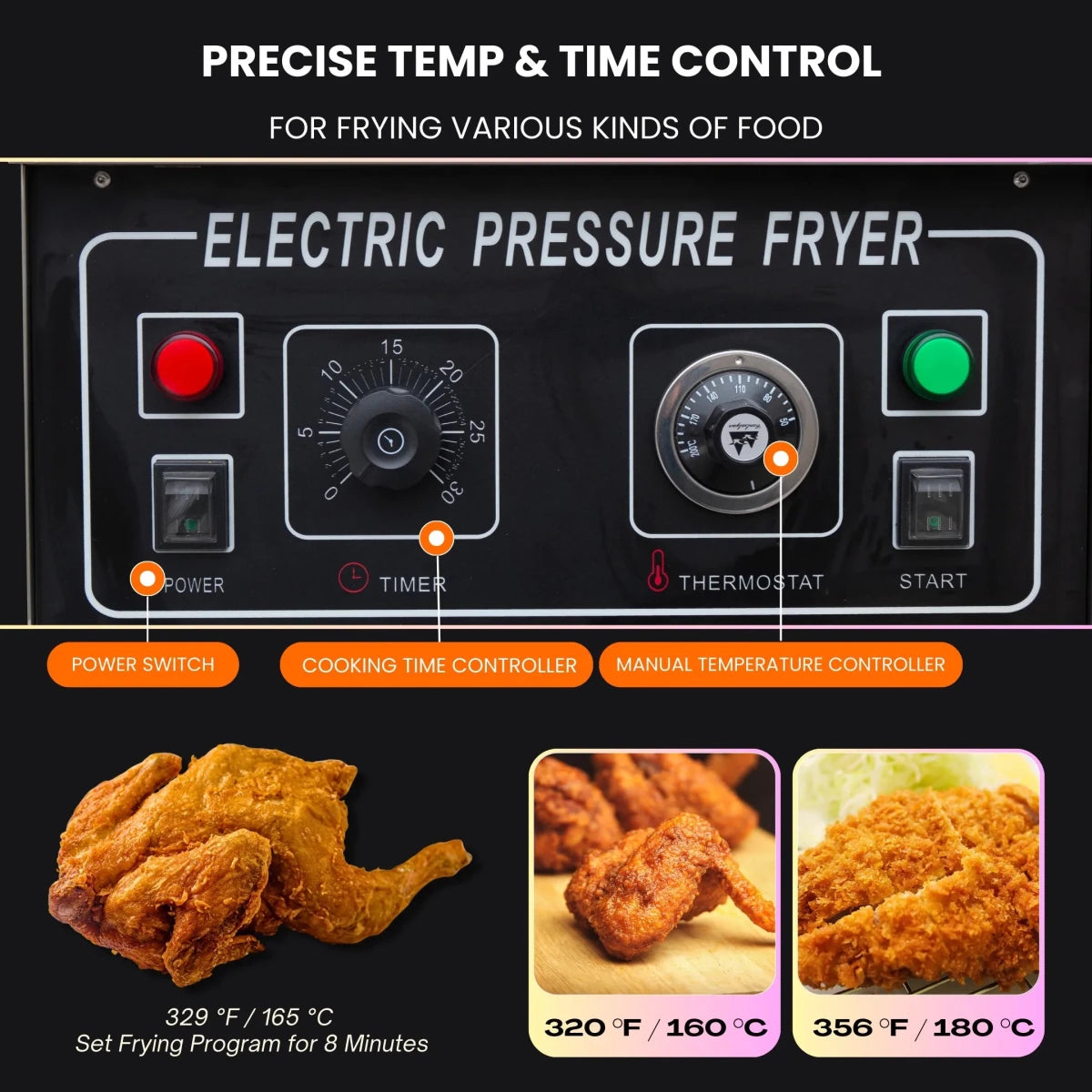 Close-up of the ultra-reliable manual control panel and mechanical thermostat on the TS-EP24 commercial deep fryer electric system.