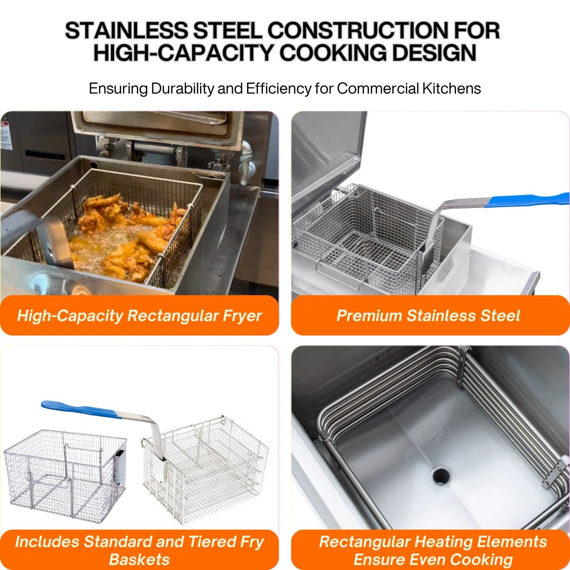 Internal view of the Tenshine commercial deep fryer vat, highlighting the premium 304 stainless steel rectangular heating elements for even cooking.