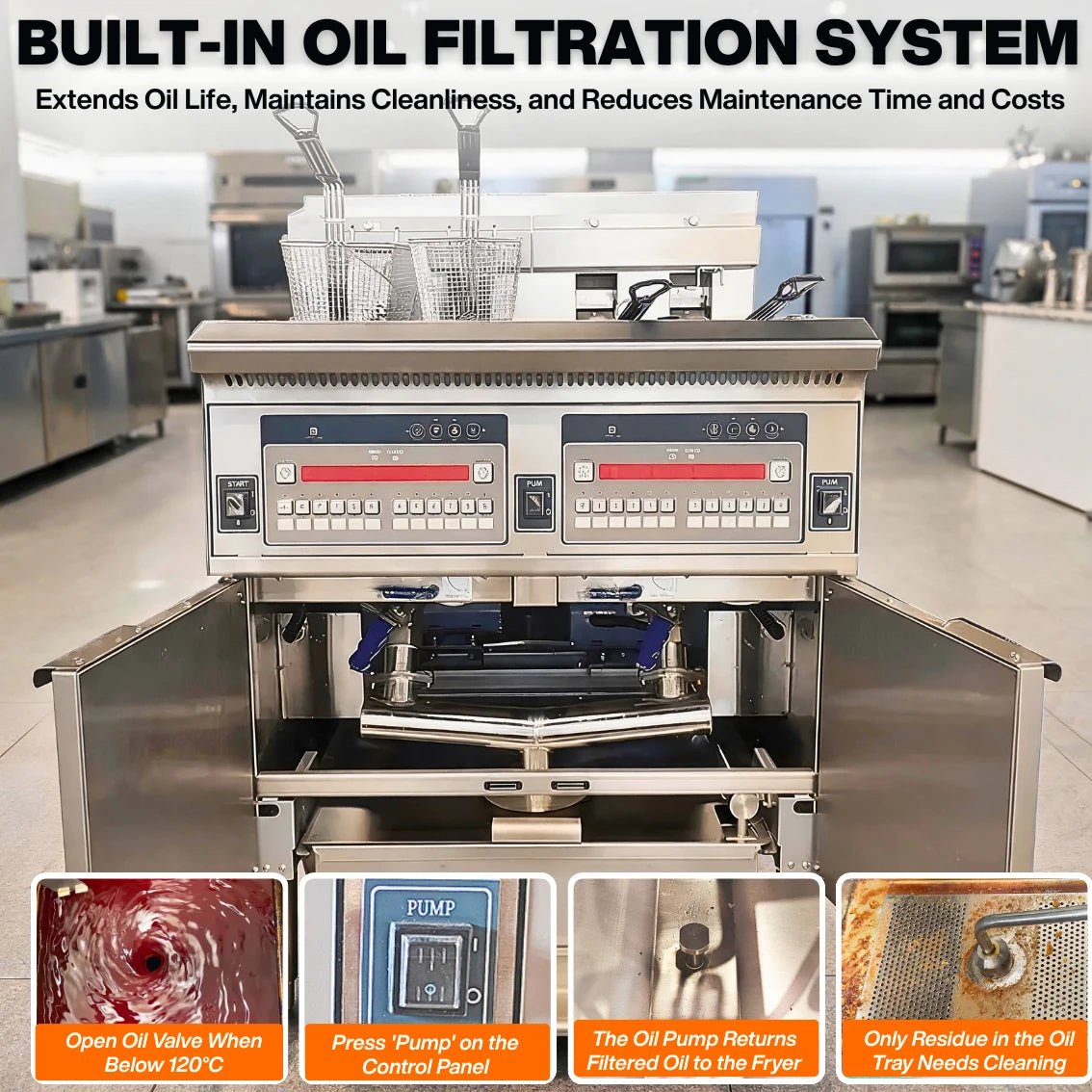Step-by-step visual demonstration of the built-in commercial deep fryer oil filter machine process on the Tenshine TS-EF226, ensuring clean oil and better food taste.